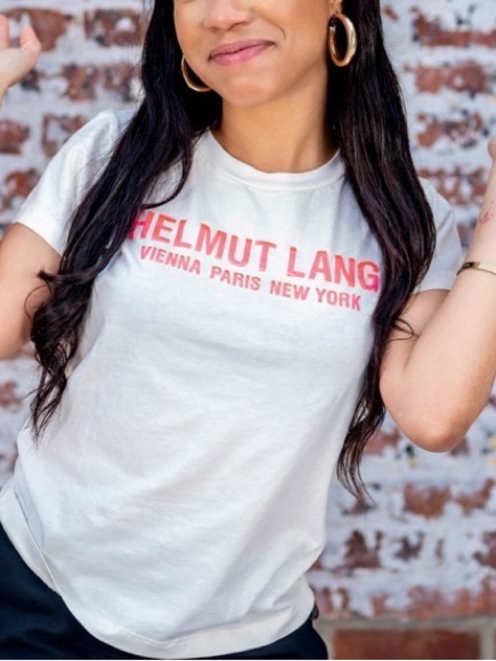 Helmut Lang White Tee with Pink Script Logo